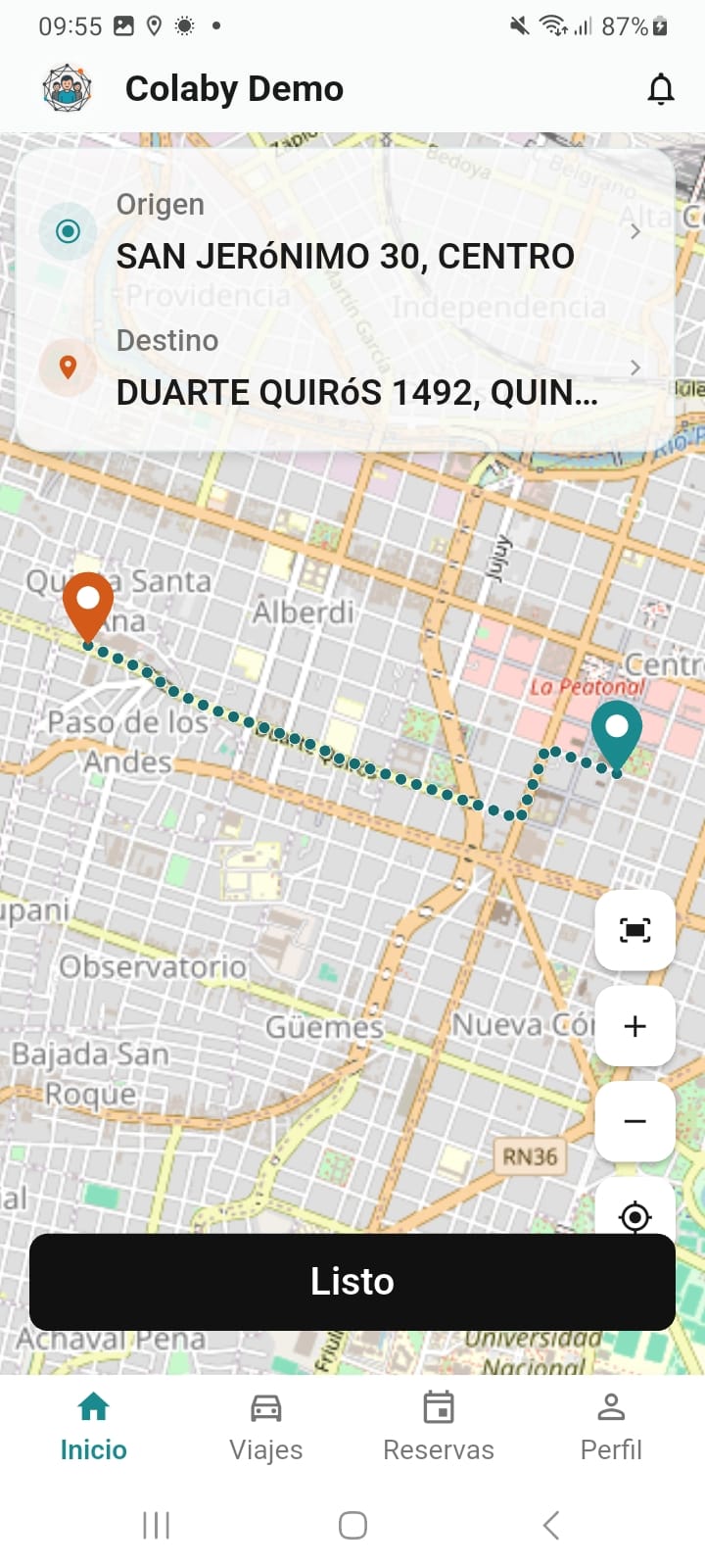 Aplicación de Pasajeros Colaby Movilidad — pedido de viaje con marca de la empresa — captura 1