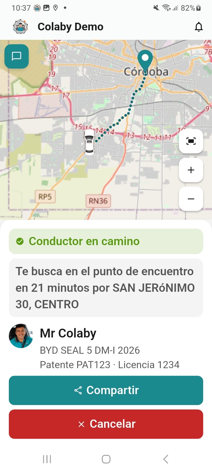 Aplicación de Pasajeros Colaby Movilidad — pedido de viaje con marca de la empresa — captura 3