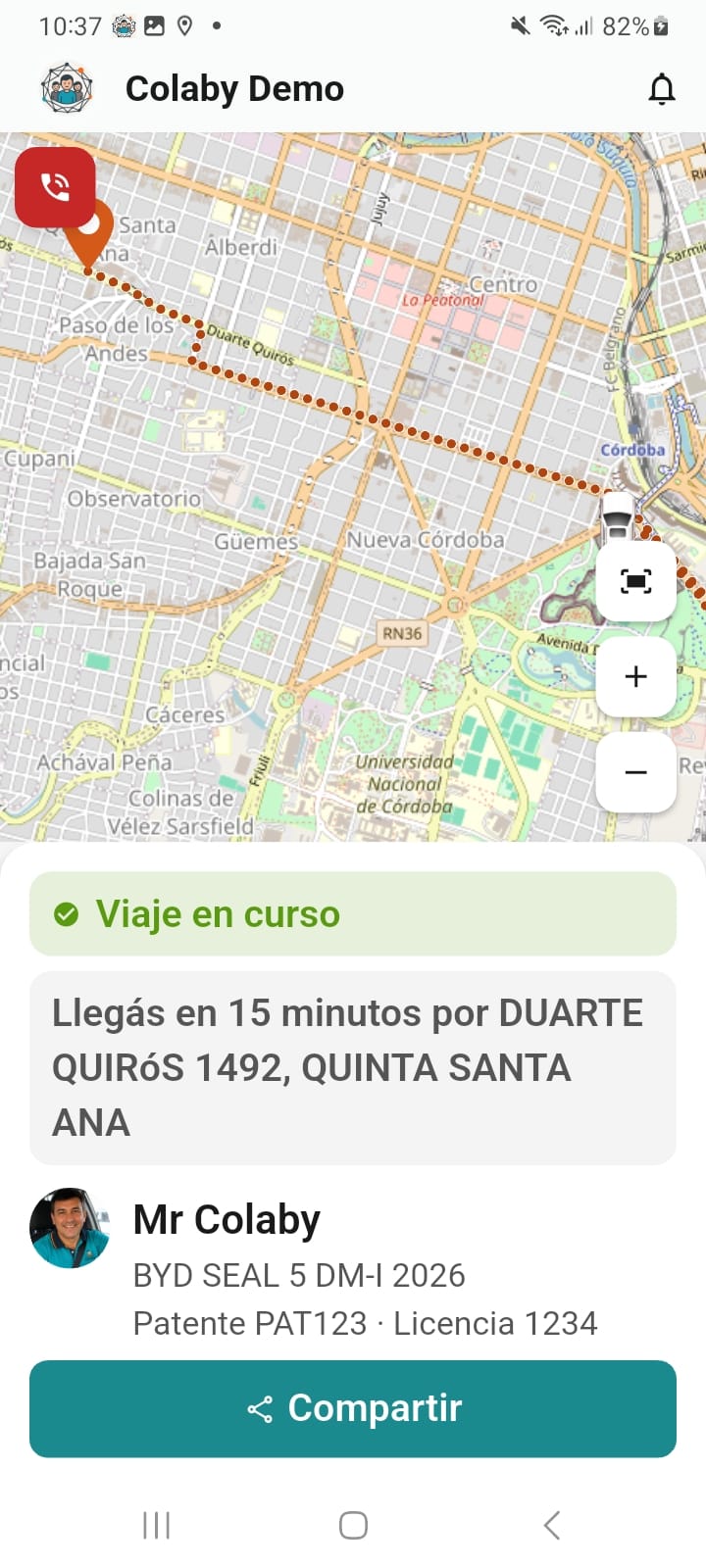 Aplicación de Pasajeros Colaby Movilidad — pedido de viaje con marca de la empresa — captura 4