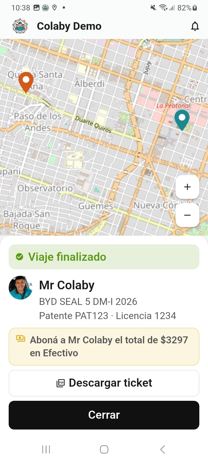 Aplicación de Pasajeros Colaby Movilidad — pedido de viaje con marca de la empresa — captura 5